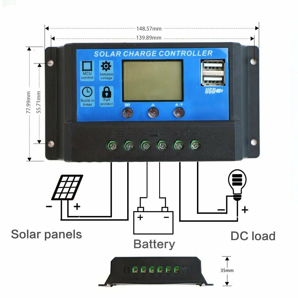 Solar Charge Controller LCD Panel Charger 5V 3A USB Output Regulator 3-stage PWM