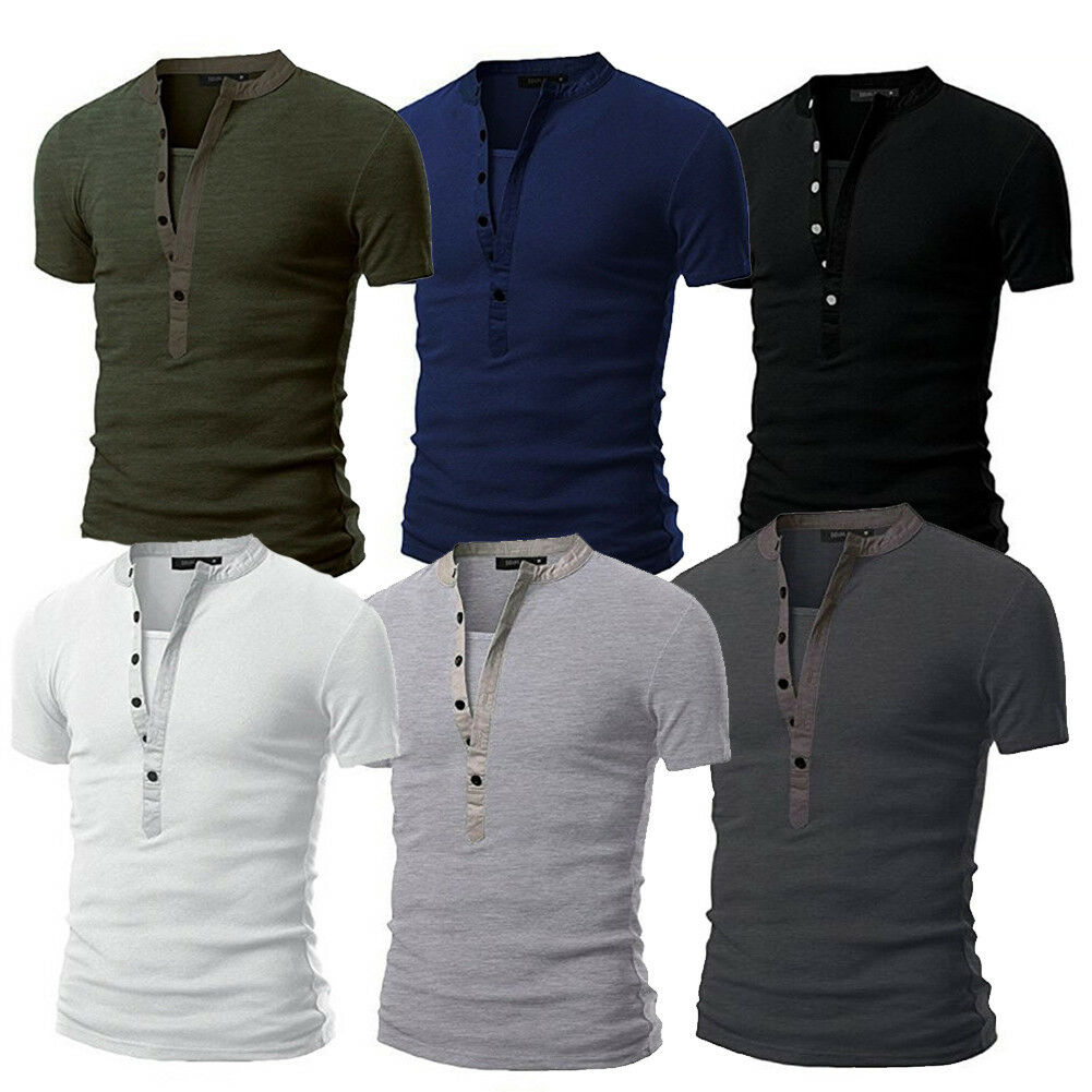 Men's Slim Fit V Neck Short Sleeve Muscle Tee T-shirt Casual Tops Henley Shirts