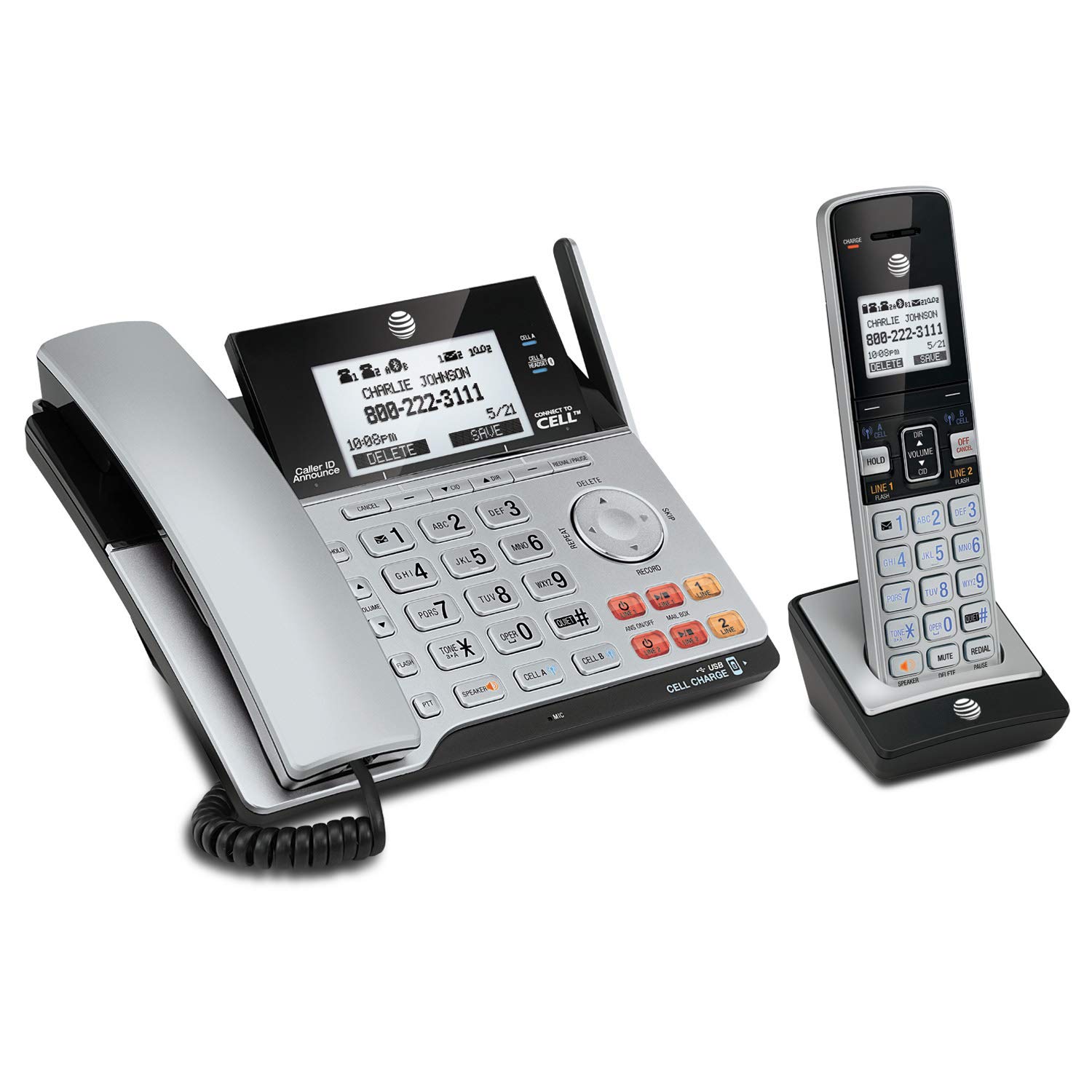 AT&T TL86103 DECT 6.0 Connect to Cell 2 Line Answering System with Caller ID/Call Waiting, 1 Corded & 1 Cordless Handset, Silver/Black