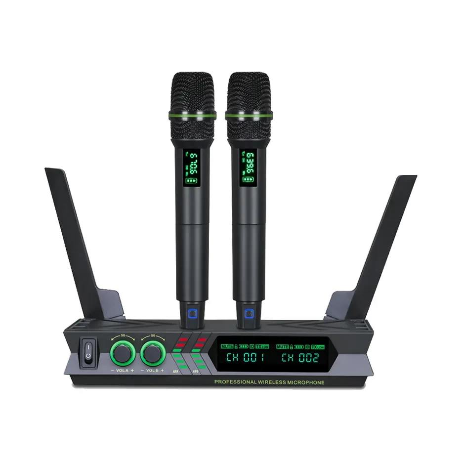 UHF Dual Channel Microphone System With Two Wireless Handheld Microphone